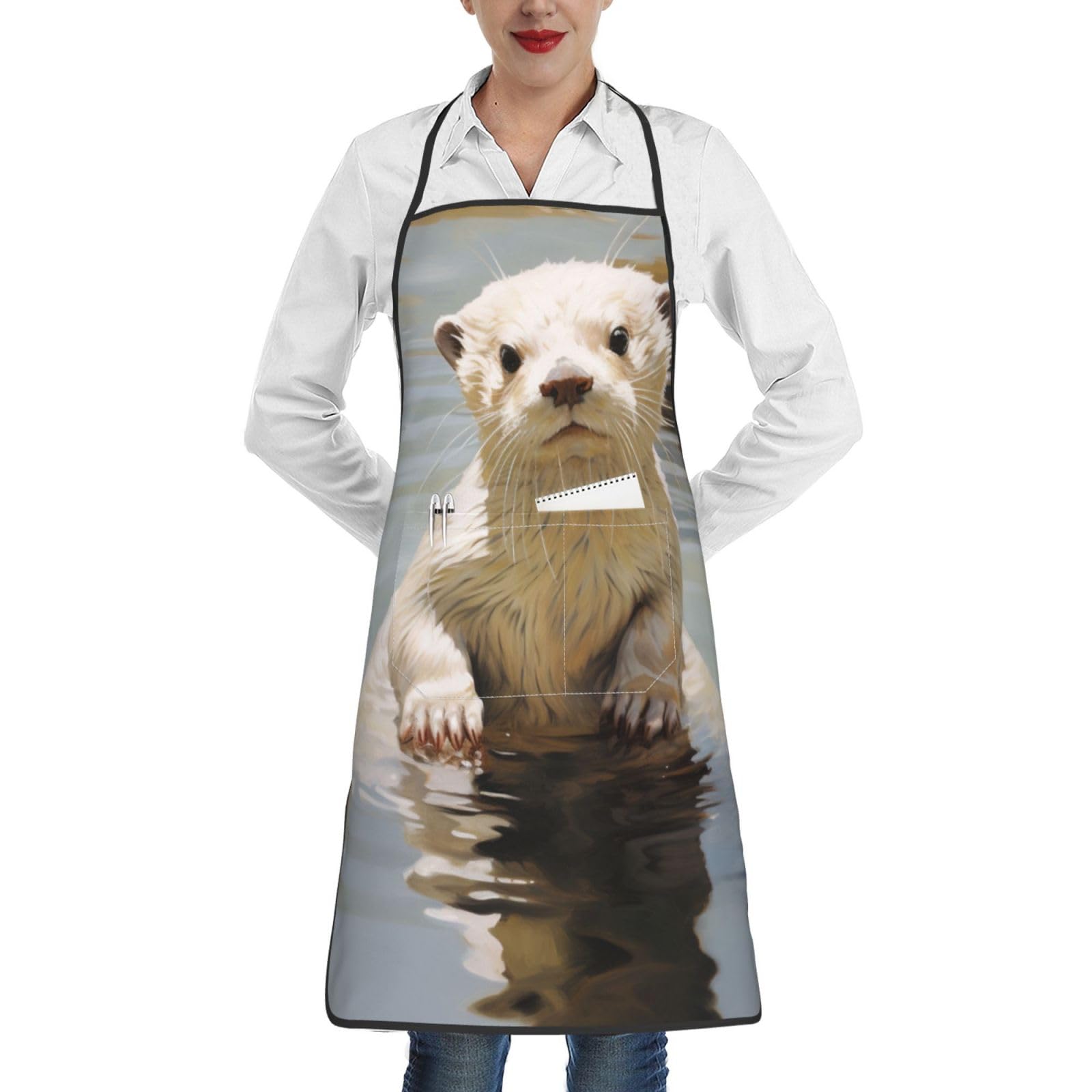 Breaux Unisex White Otter Print Apron, Apron With Pockets, Adjustable Bib Apron, Chef's Apron, Bbq Apron, One Size, One Size