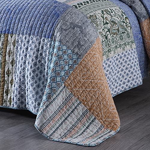 Colcha de algodón King para dormitorios bohemios con colcha azul reversible 6