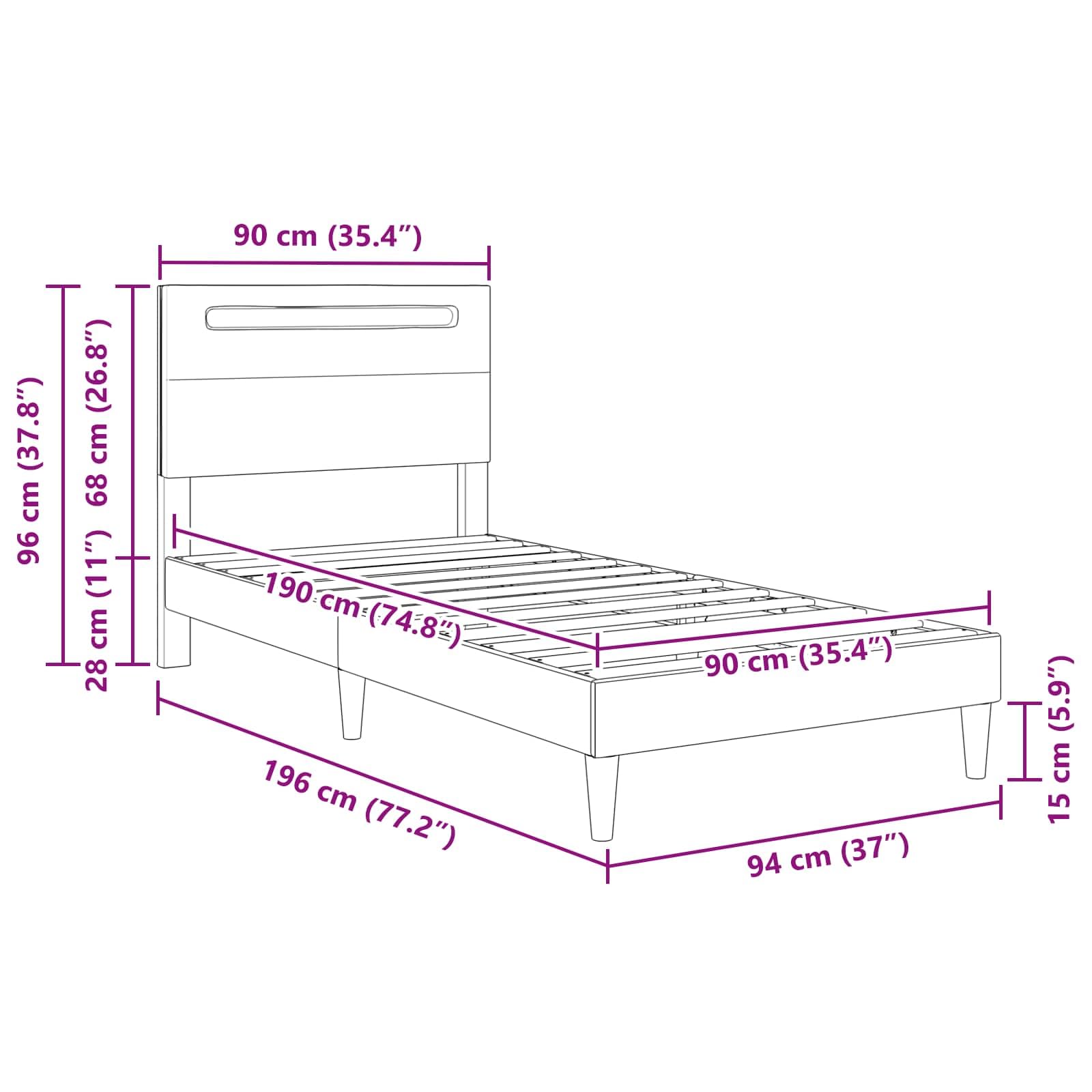 Marco de cama con tiras de luz LED, color negro, 90 x 190 cm, piel sintética, marco de cama moderno con fuente de alimentación USB para dormitorio, somier de láminas estable, patas de ahorro