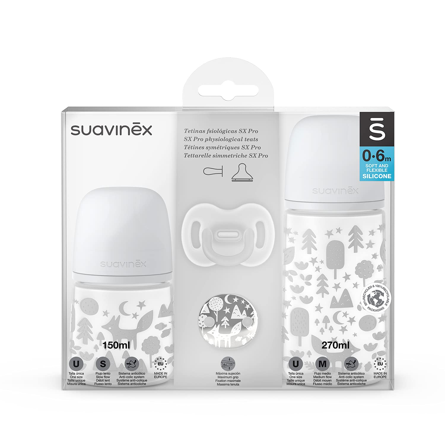 SUAVINEX Pack Recién Nacido Sx Pro 0-6 Meses, Contiene: 1 Biberón Anticólico 150 Ml Flujo Lento, 270 Ml Flujo Medio, Chupete Tétina Fisiológica En Silicona Sujeta Chupete, color Gris