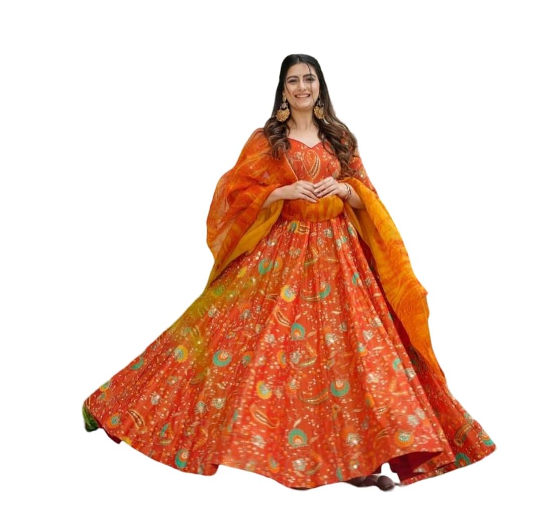 Women's Floral Printed Anarkali Flared Gown with Dupatta, Silk, V-Neck, Floor Length, Ethnic Wear-image-24