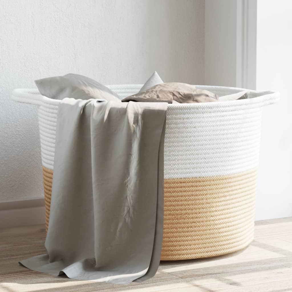 Wäschekorb Beige und Weiß Ø55x36 cm aus Baumwolle mit Faltdesign und Griffen – Atmungsaktiver Aufbewahrungskorb für Wäsche, Spielzeug und Haushalt – Langlebiges