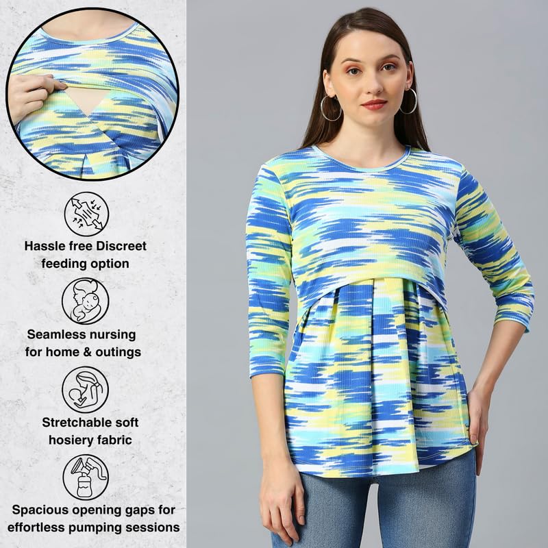 True Shape Maternity Dresses for Women Cotton | Stretchable Zipless Feeding Tunic Top with Nursing Access in Knitted Hosiery for Pre & Post Partum(TST-154-M, Blue) 1