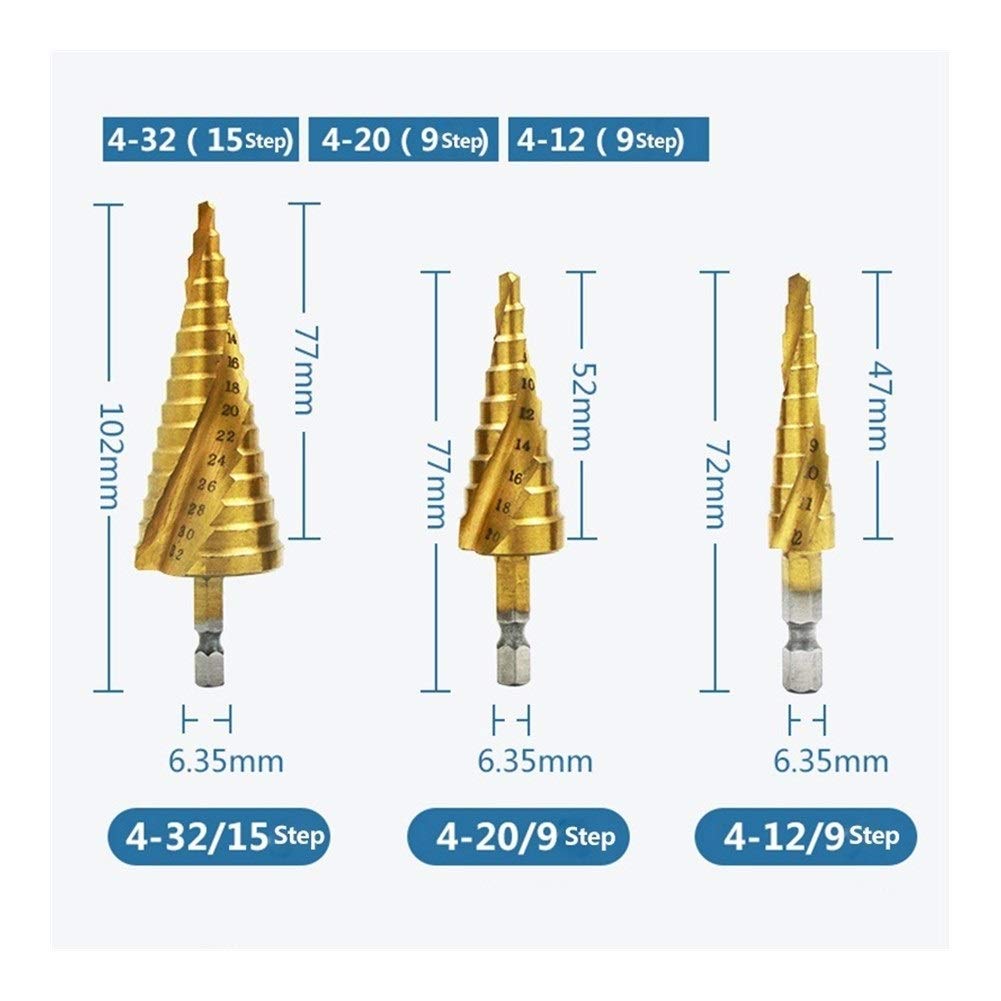 Punte a gradino per foratura Lavorazione del legno Punta per trapano in metallo Lega di titanio Punta per trapano a spirale con scanalatura a spirale 4-12/4-20/4-32mm Acciaio per utensili da taglio