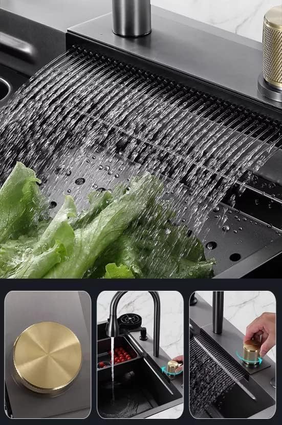 Image of BASINQU Kitchen Sink 30 inchx18 inchx9 inchInch Waterfall Sink for Kitchen Basin 304 Stainless Steel With Honeycomb Black Finish Design Fully Equipped Waterfall Integrated Pull Down Faucet Kitchen Sinks