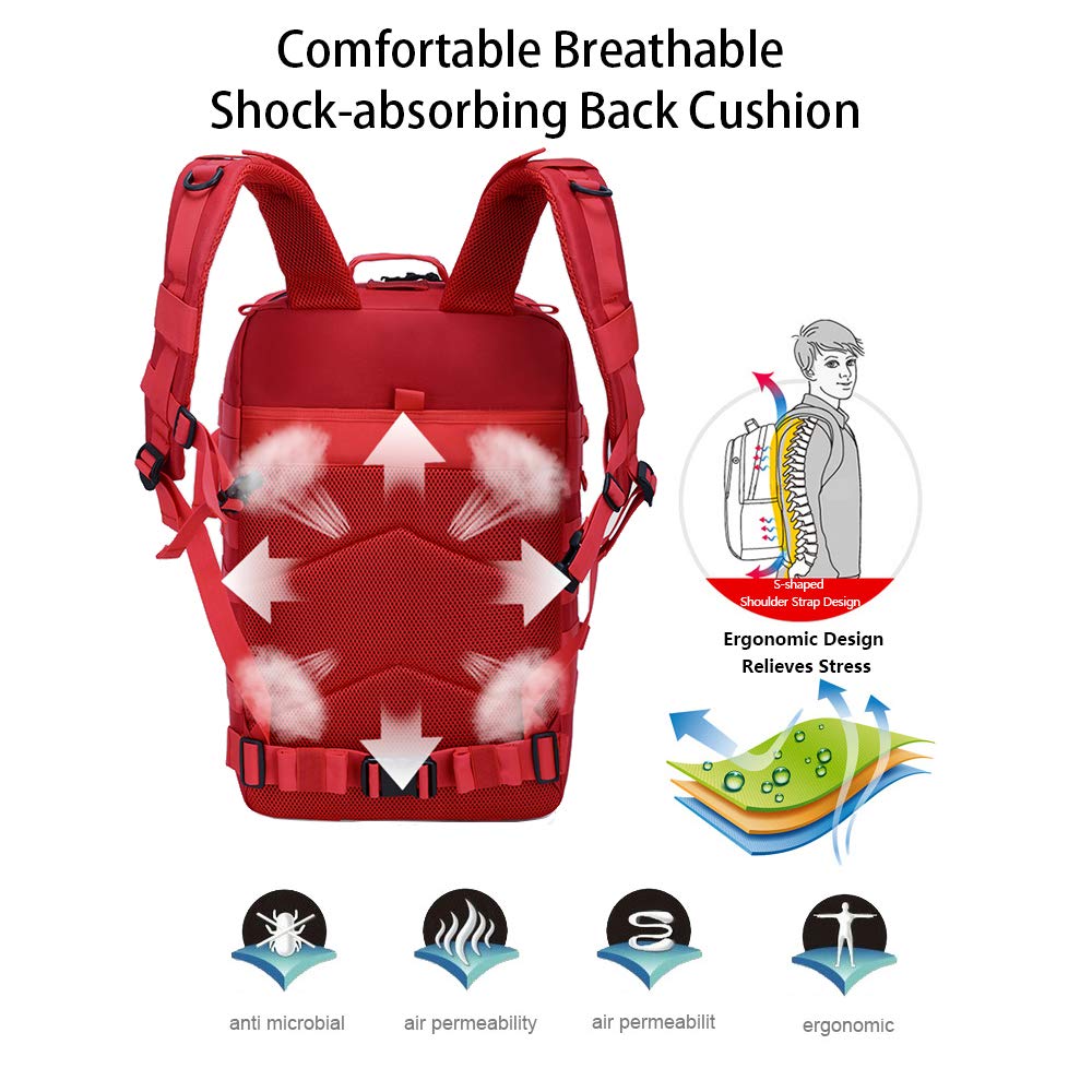 45L Zaino Assalto Tattico Militare Molle Zaini Da Viaggio Zaino Moto Per Trekking All'aperto Escursionismo Caccia Campeggio E Altre Attività Sportivo, Multifunzione + 4 Badges (Rosso)