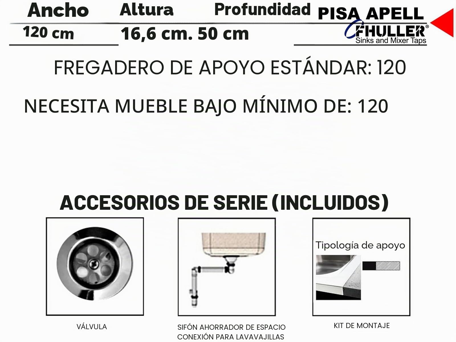 Fregadero de cocina con apoyo Apell mod. Pisa de acero inoxidable, 120 x 50 cm, 2 senos a la derecha