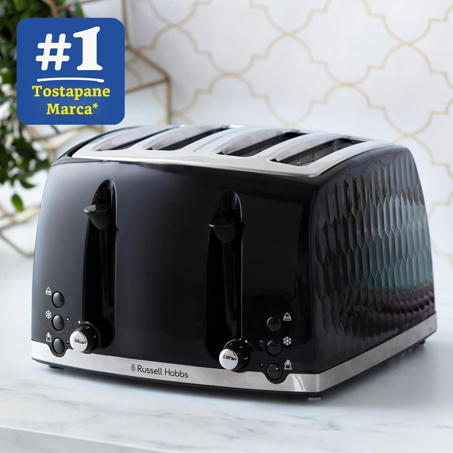 Russell Hobbs Tostapane 4 fette 26071 - Design contemporaneo a nido d'ape con fessure extra larghe e funzione di sollevamento alta, nero