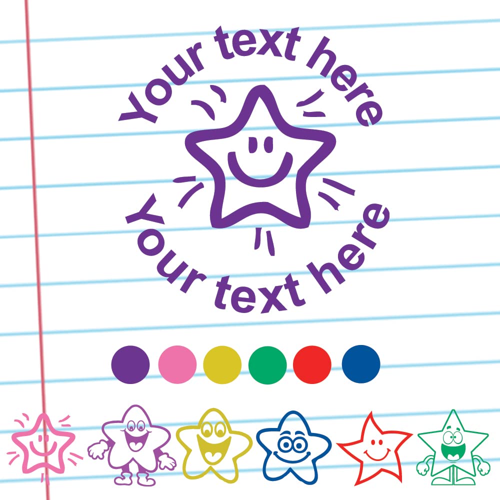 Classroom Capers Smiley Star Teacher Stamp - Personalised/Custom Stamp. Quality Self-Inking, Reinkable Stamper. 22Mm