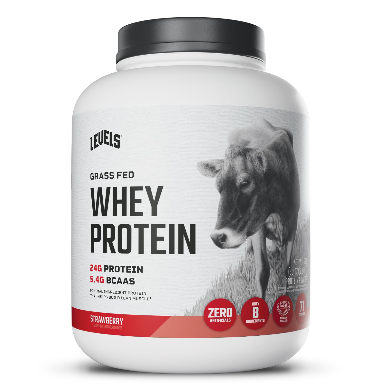 Levels Grass Fed Whey Protein Powder, No Artificials, 24G of Protein, Strawberry, 5LB