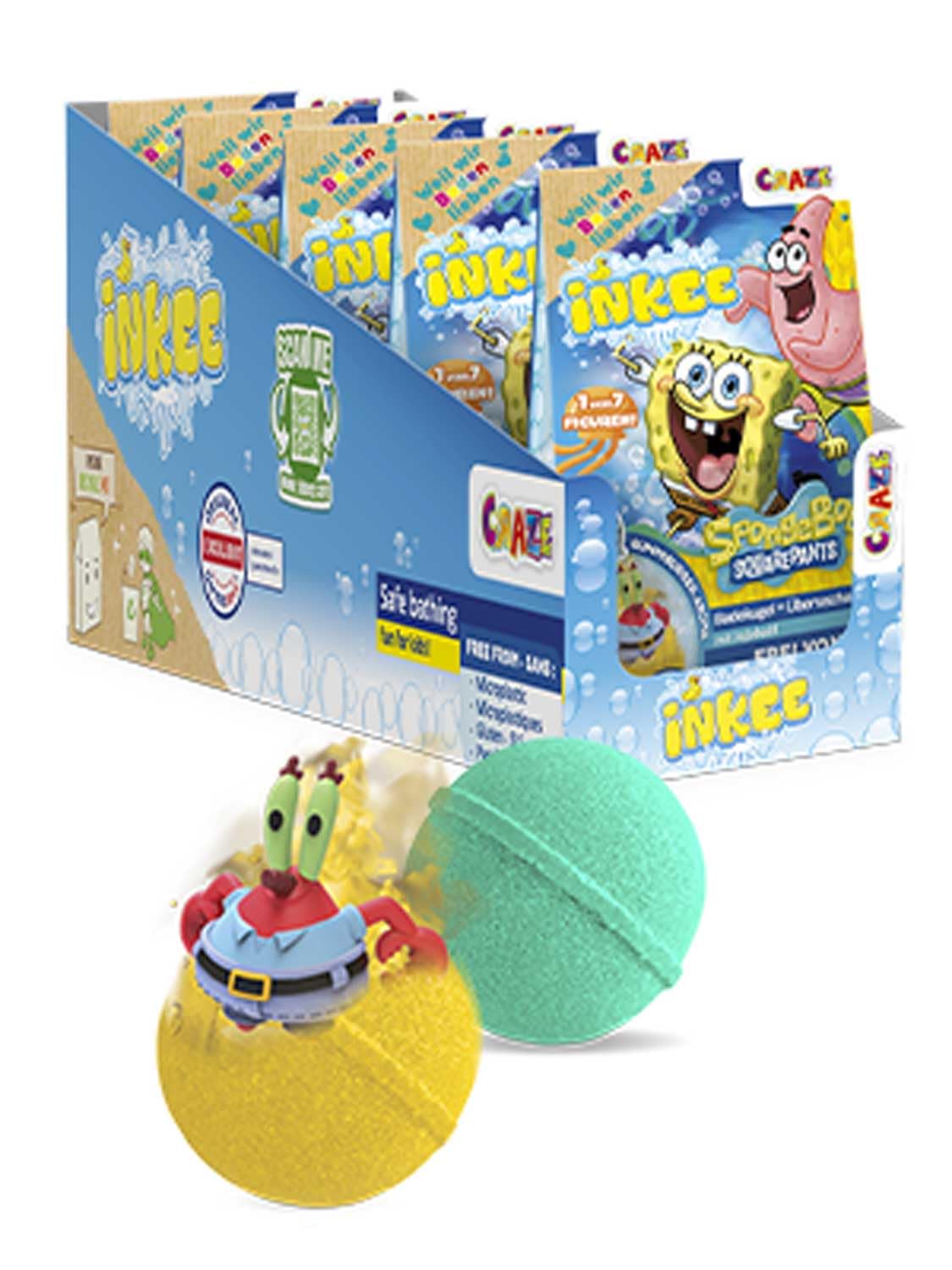 INKEE Spongebob Squarepants 5 Pack Children's Bath Bombs with Surprise - 5X 80g Bath Balls with Sponge Bob Collectable Figurines, Bubble Gum Scent & jojoba Oil