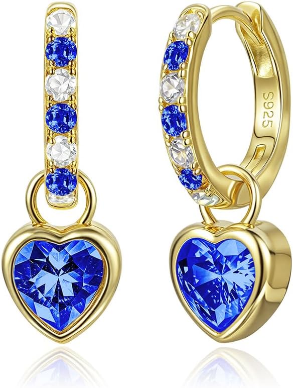 Heart Birthstone Dangle Drop Earrings for Women: 925 Sterling Silver Hypoallergenic Huggie Earrings with Dainty 5A CZ, Trendy Jewelry Valentine Anniversary Birthday Gifts for Her Wife Girlfriend Mom