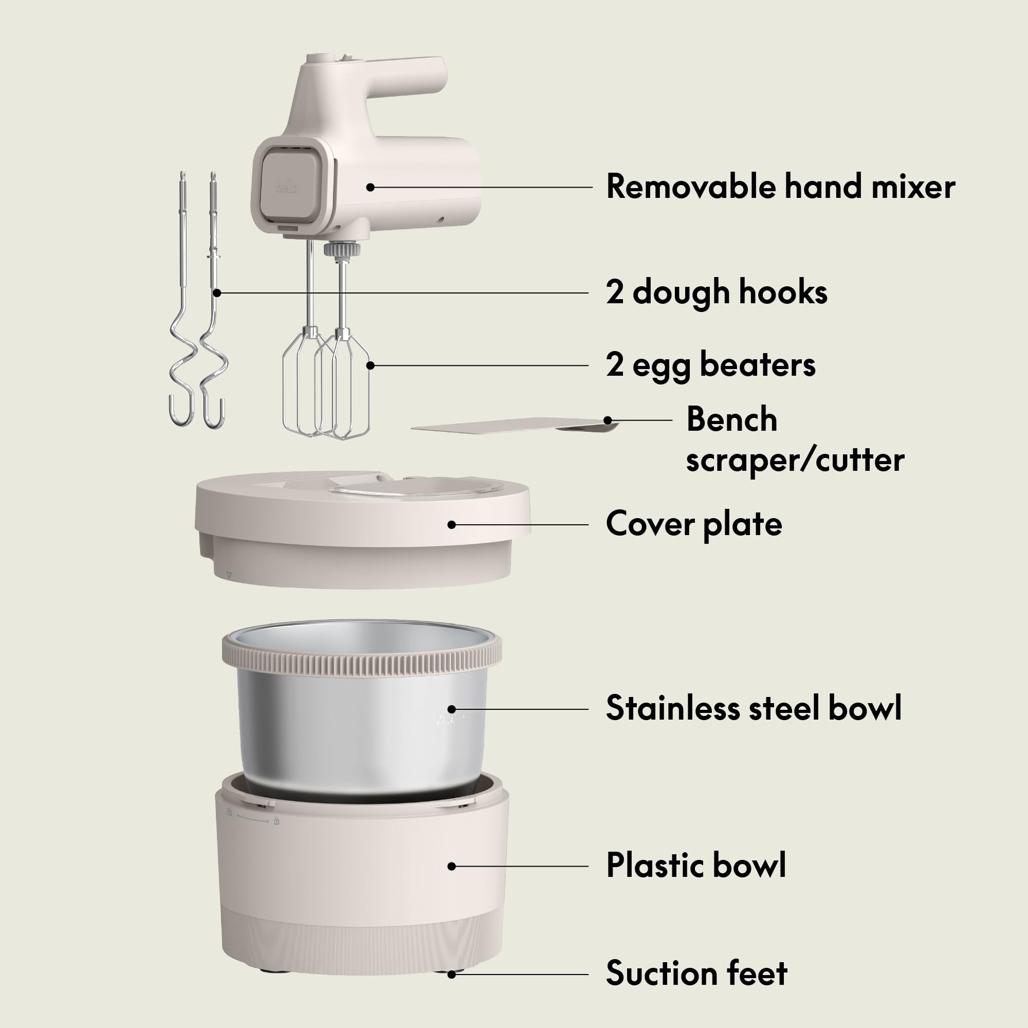 Bella Handmixer und Standmixer, 2-in-1, elektrischer 2-in-1-Mixer mit Schüssel, Teighaken, Schneebesen und Schneebesen, multifunktionaler Handmixer und Mixer