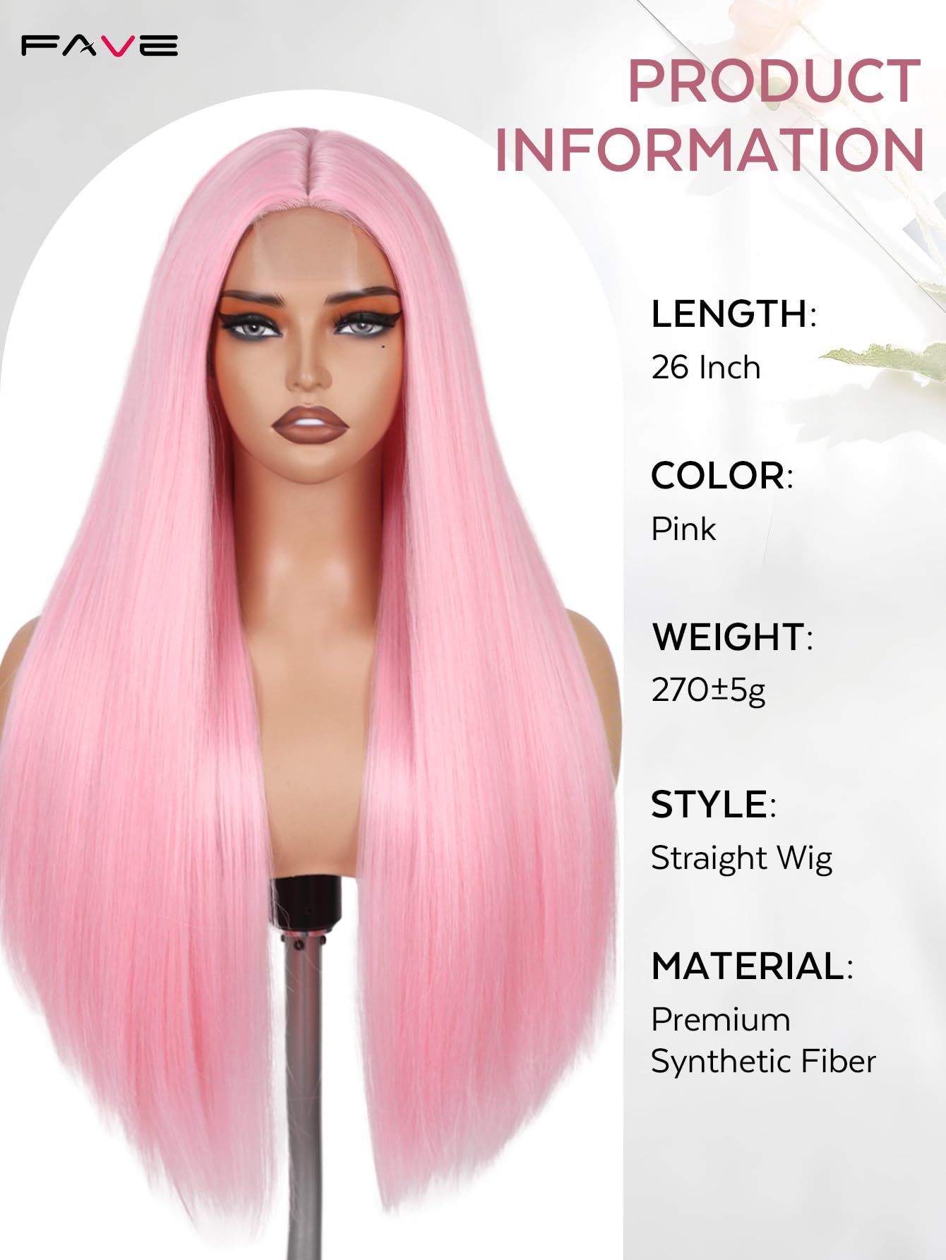 FAVE 65 cm Hellrosa Perücke, Hitzebeständige Synthetik-Perücke für Damen mit Mittelscheitel, Natürlich Aussehende Lange Perücke für Party, Alltag & Cosplay