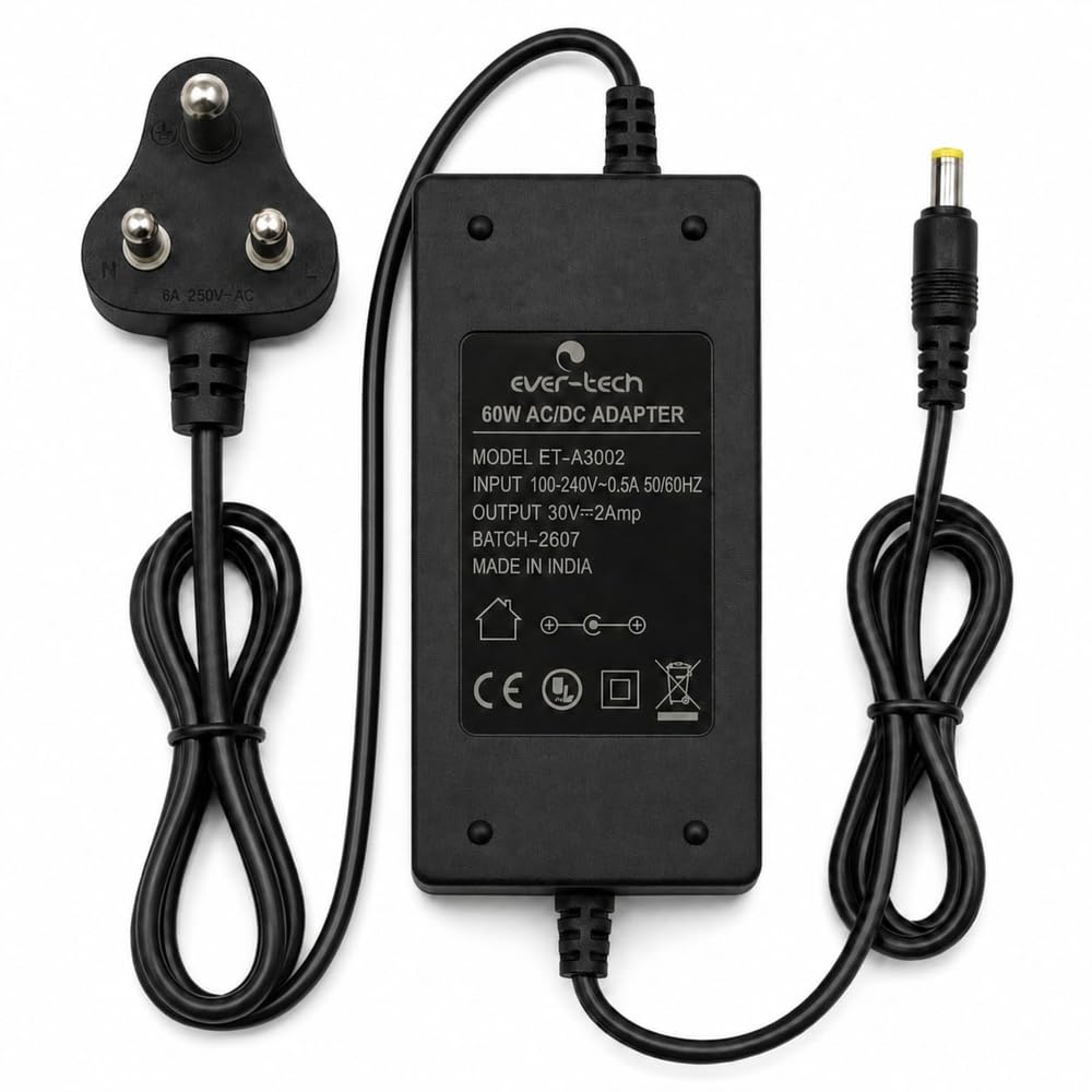 Evertech ET-A3002 30V 2A 60W AC/DC Power Adapter Compatible with Select Panini Scanners, 5.5 x 2.5 mm Centre-Positive DC Pin, LED Indicator, Black-image-10