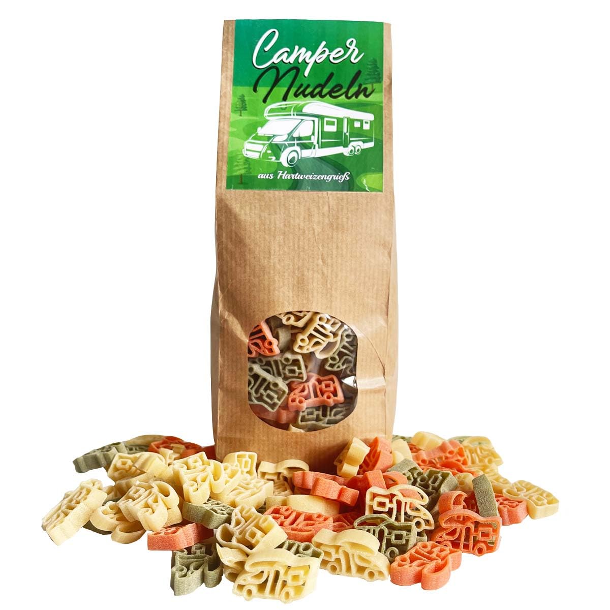 Feinkost Geschenk-Set Wohnmobil – Nudeln in Wohnmobilform 250g, Pasta Sauce 200ml, Mediterrane Gewürze 35g & Kochlöffel mit Gravur – Originelles Camper Geschenk in Tragetasche