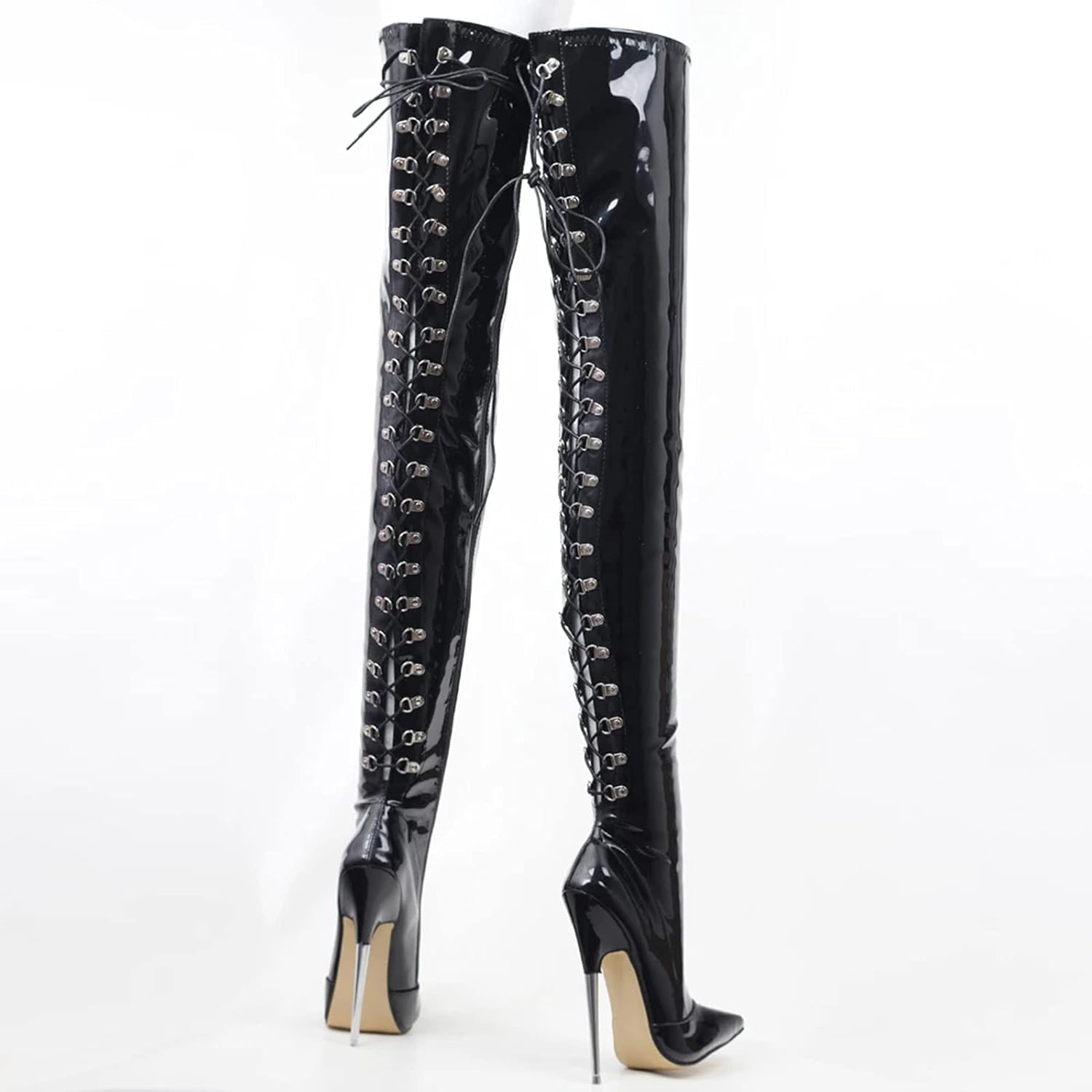 Femmes Sexy Cuissardes 18 cm Métal Mince Talons Hauts Bout En Dentelle Laçage Cuissardes Bottes Stripper Club Pole Dance Chaussures Plus cuissarde/Black/38EU