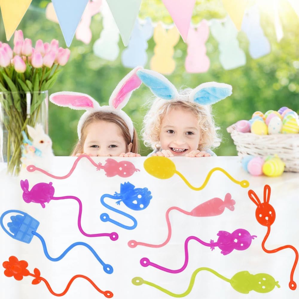 24 Pack Easter Sticky Hands Toys Easter Egg Bunny Chick Carrot Flower Basket Sticky Stretchy Toys for Kids Girls Boys Easter Basket Stuffers Party Favors Gifts