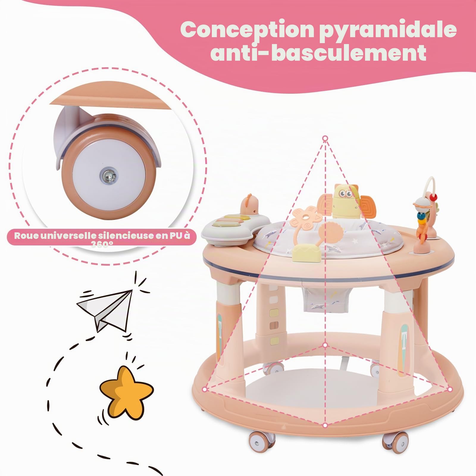 Bébé Trotteur 3 en 1(mode Marcheur, Table d'étude, Sauteur), Réglage de la hauteur sur 5 Niveaux, Design anti-O-Legs,Roues Silencieuses à 360°–Convient aux Filles à partir de 6 Mois Rose