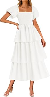 Women's 2025 Summer Boho Midi Dress Short Puff Sleeve Flowy A Line Tiere...