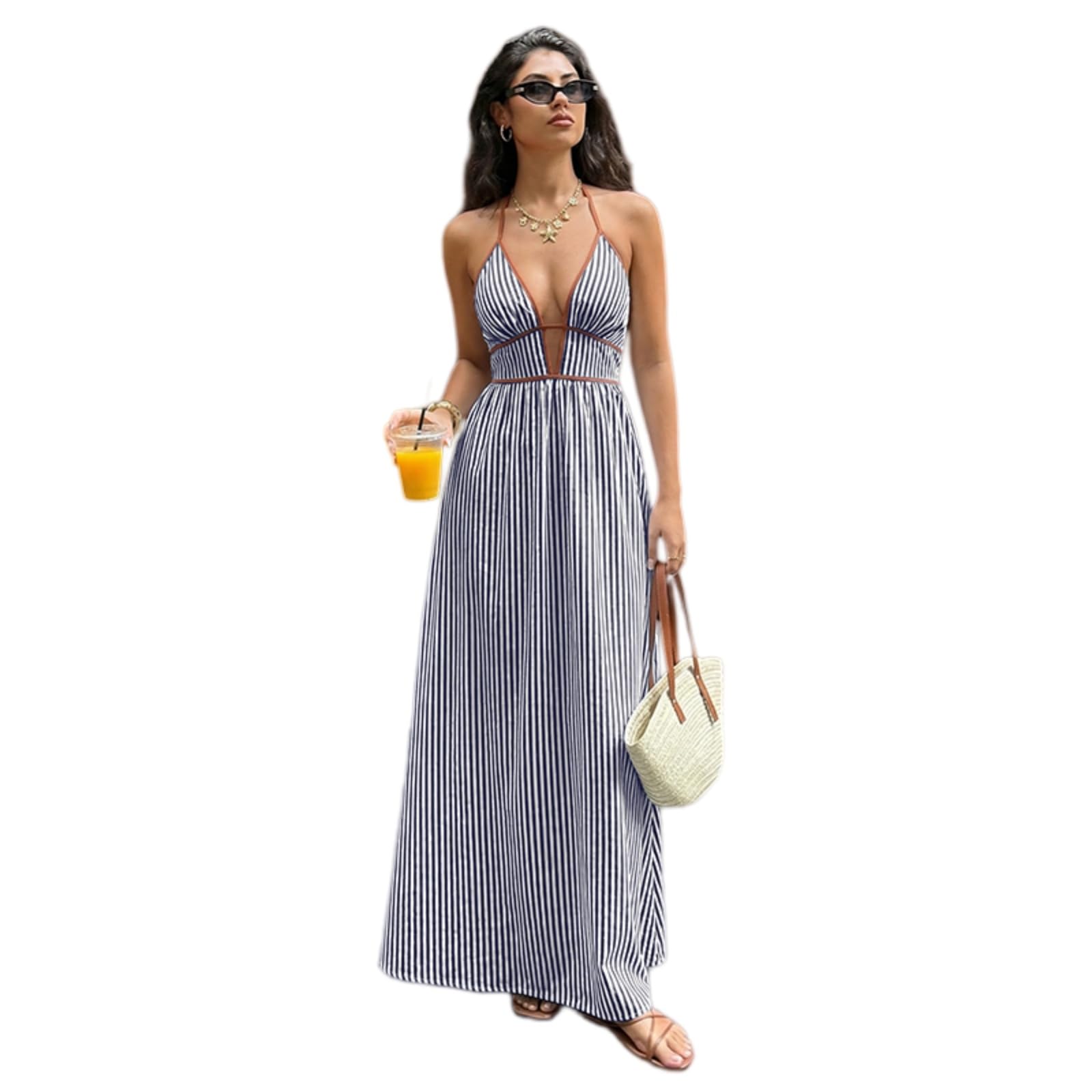 Vestito Abito da Spiaggia Estivo Senza Schienale A Righe Maxi Donna Profondo V-Sapphire Blue-XL