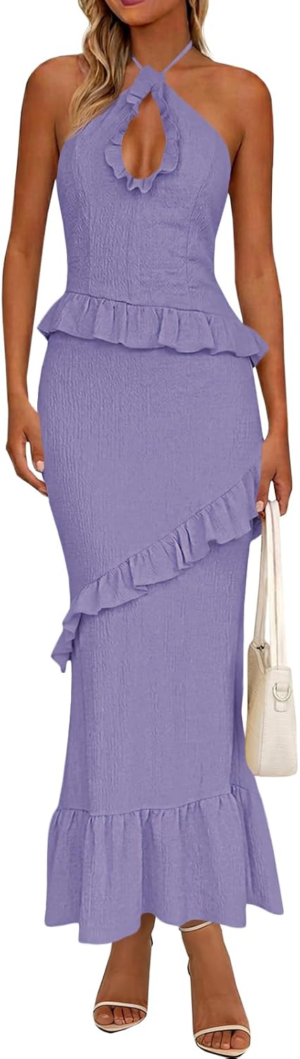 Wenrine Womens Sexy Halter Maxi Dress Cutout Sleeveless Ruffle Tassel Backless Party Club Summer Dresses