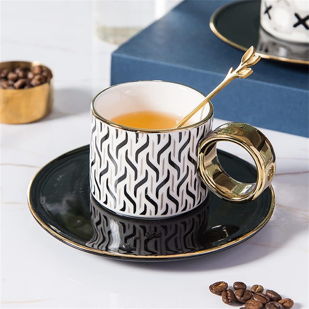 Hand Painted Geometric Ceramic Mugs With Gold Handle Handmade Cup And Saucer For Coffee Tea Milk Oatmeal Birthday Gift(D)