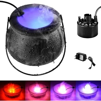 Halloween Witch Cauldron Fog Machine Witch Cauldron Smoke Machine with 12 LED Colour Changing Light Halloween Mist Maker Witch Cauldron Fog Machine for Halloween Party Haunted House Pond