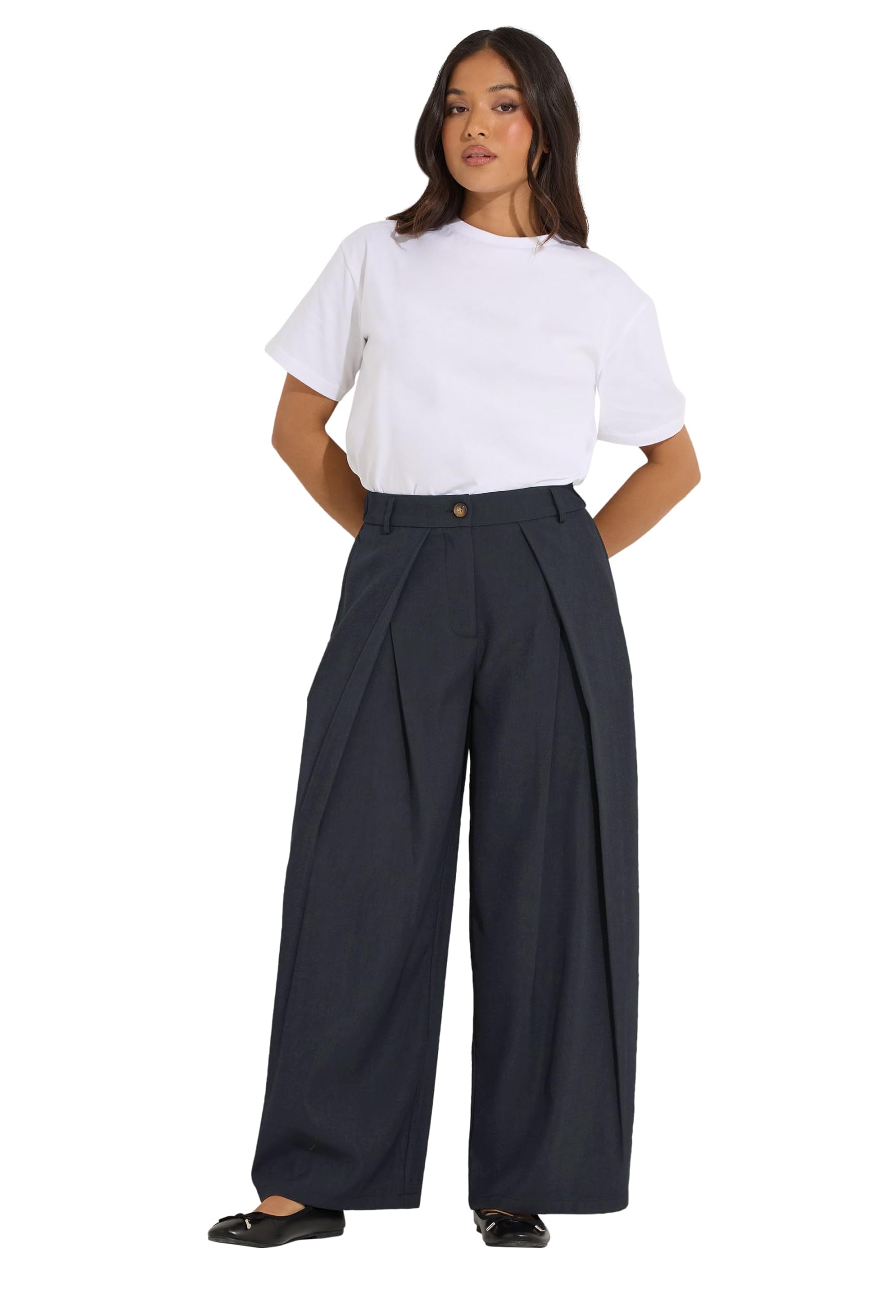 Pixiegirl Women's Blue Petite Navy Wrap Pleated Wide Leg Trousers Size Petite > 14
