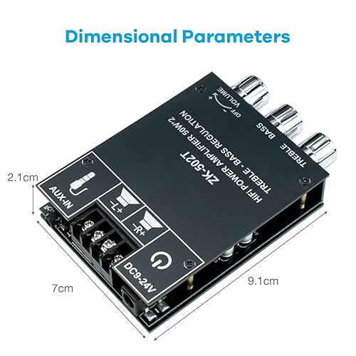 Miniatura 6 de ZK-502T 100W Bluetooth 5.0 Amplificador Junta con control de agudos y graves, TPA3116D2 50Wx2, Bluetooth AMP Board para altavoces pasivos caseros