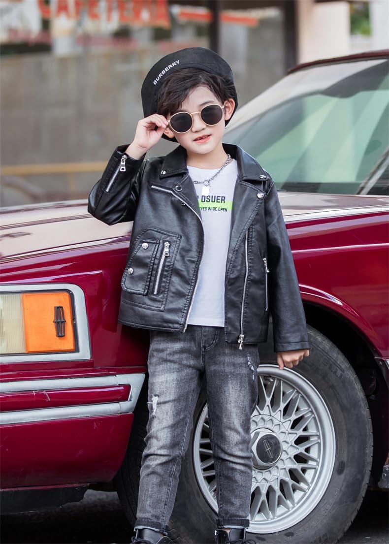 Boys Girls Trendy Stand Collar PU Leather Moto Jacket Leather Top Coat 3-12Years - Image 2