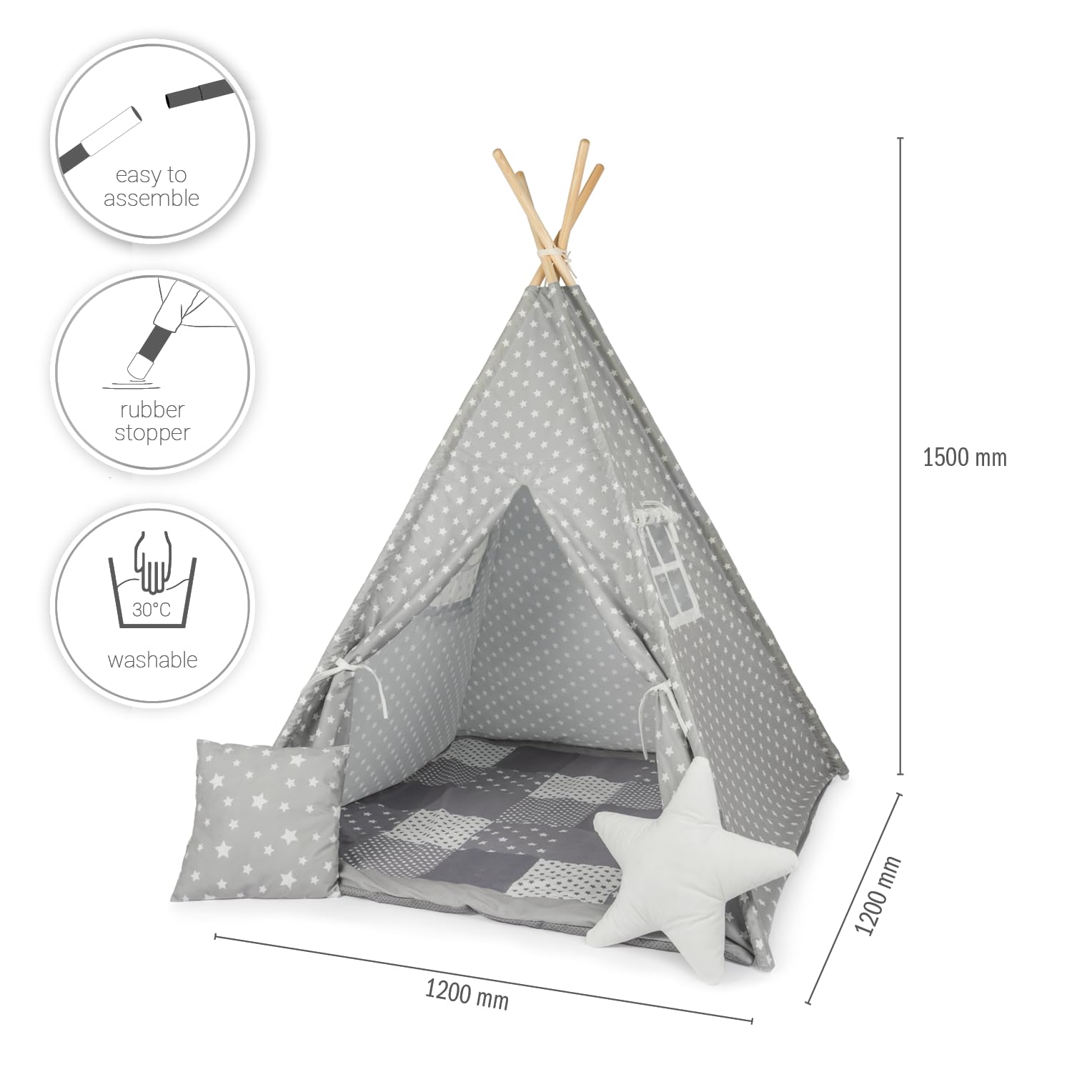 Paco Home Tente pour Enfants Tipi Chambre d'enfant Chambre De Jeu Intérieur Robuste Wigwam Différents Motifs, Couleur:Gris, Sets:avec Accessoires