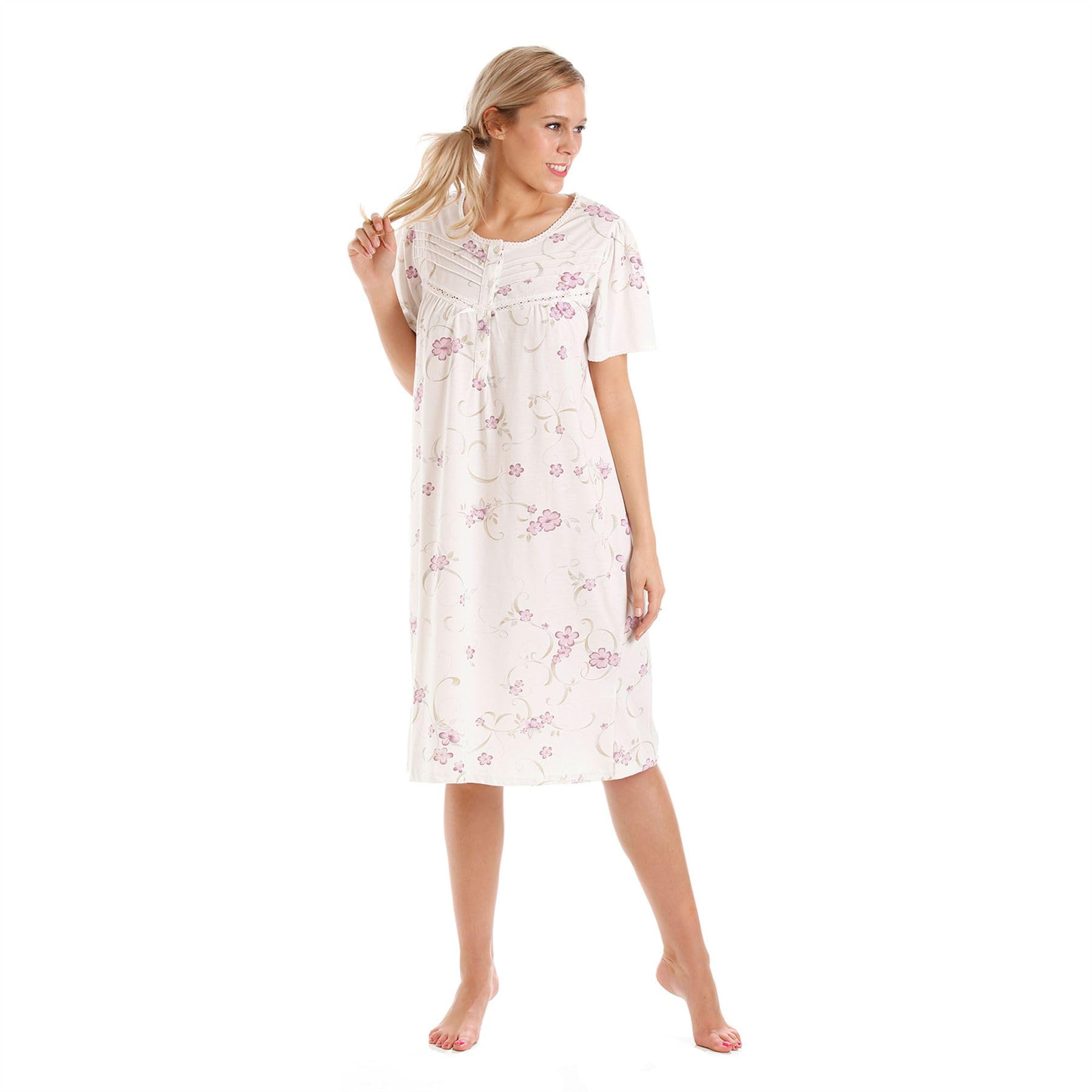 Lady Olga Ladies Nightie Jersey Floral Short Sleeve Nightdress Nightwear Purple 10/12