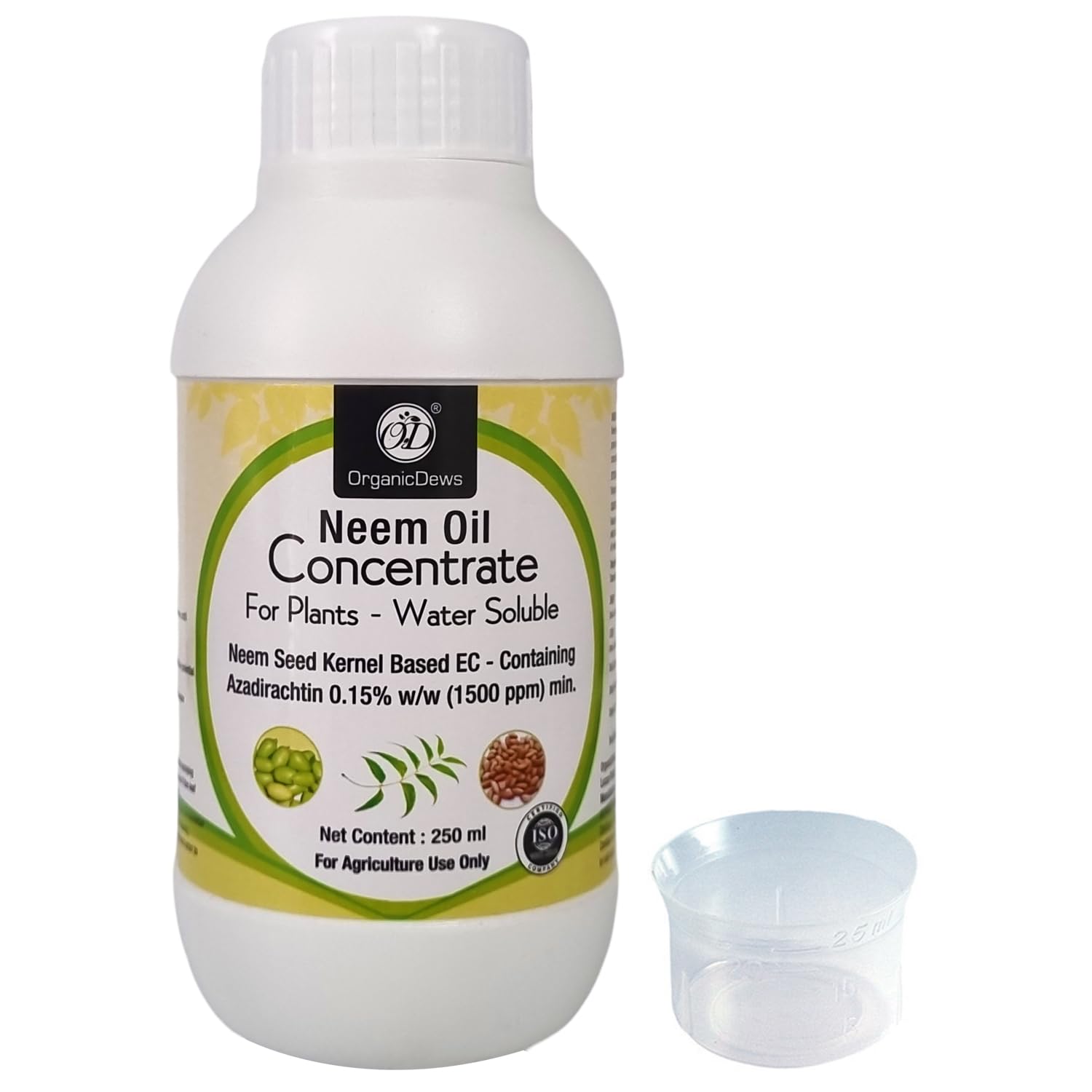 OrganicDews Neem Oil 1500 PPM (Water Soluble) Concentrate for Plants 250 ml with Measuring Cup 25 ml - Controls Garden Insects and Fungus in Plants 250 ml