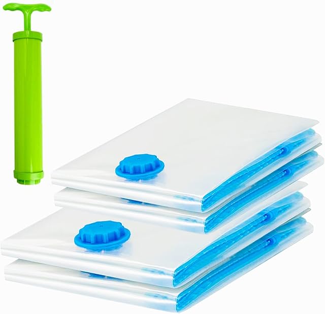 Vacuum Bags, Reusable Storage Bags, With Hand Pump, 4 PCS, Transparent, 80x60 cm, 60x40cm, Double Zip Seal Reusable for Storage Coats Clothes Towels Bedding Duvet Blanket Curtains