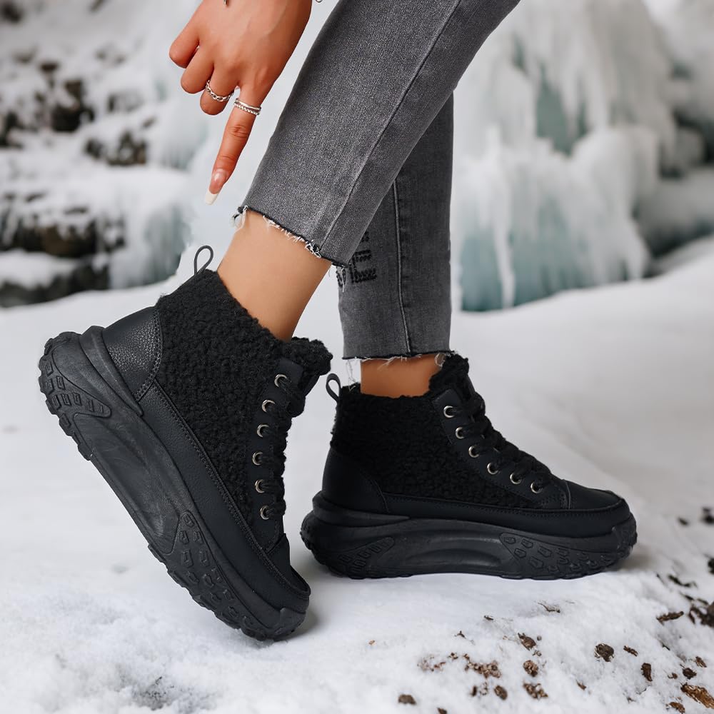 Chouiss Winter Sneakers for Women,Platform Hiking Lightweight Shoes with Lambswool,Warm Casual Shoes Black 7