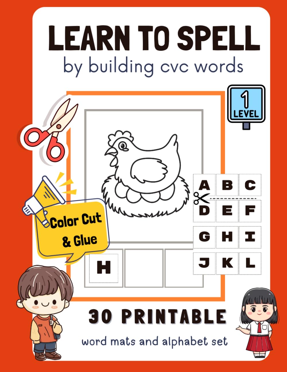 Learn to spell CVC words workbook: Word Recognition, Easy level, Color Cut and Gule, 30 words , Age 4-6
