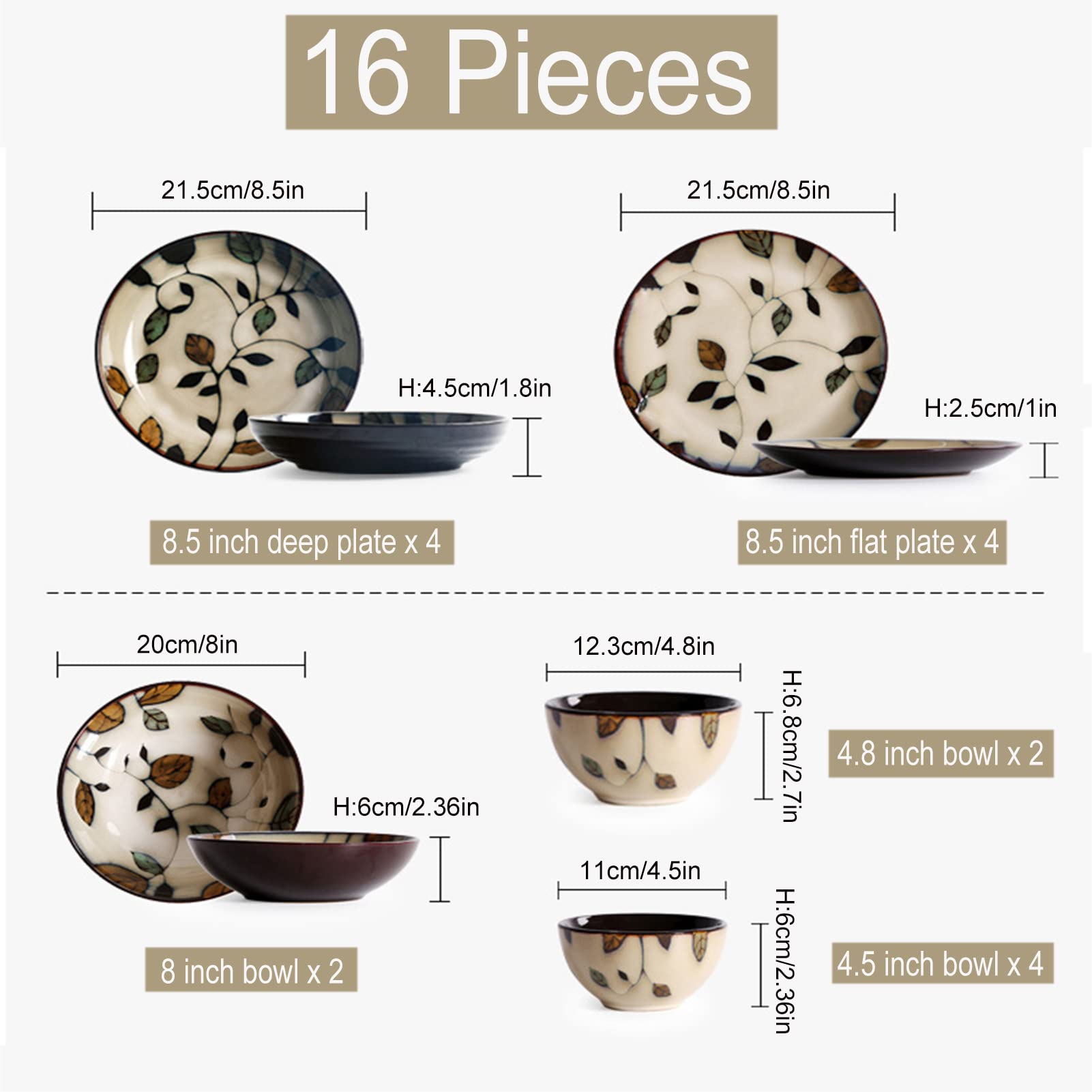 16-częściowy porcelanowy zestaw naczyń dla 4 osób, kompletny zestaw naczyń z talerzami płaskimi, talerzami deserowymi i miskami, nadaje się do kuchenki mikrofalowej i zmywarki