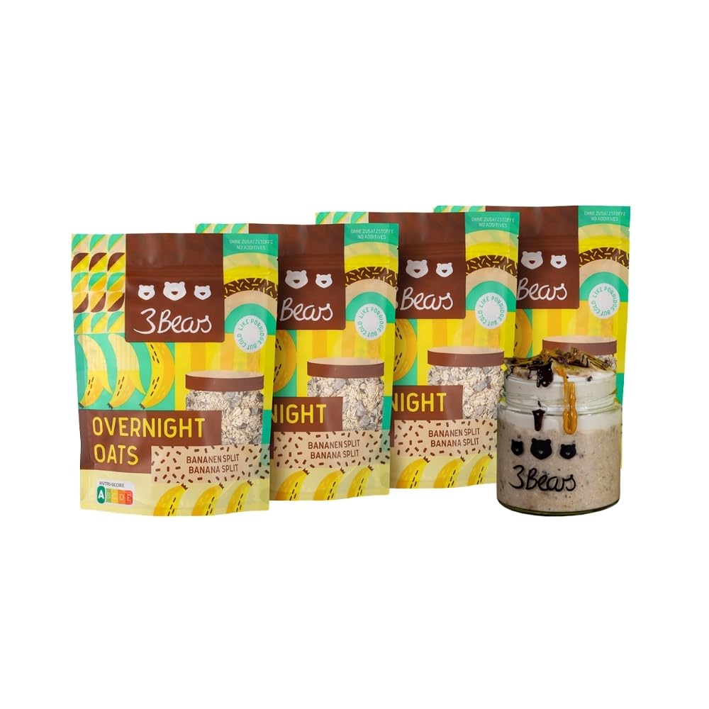 3Bears Overnight Oats Banana Split I 4 bustine di porridge vegano da 400 g con avena integrale I Colazione deliziosa, per una notte in frigorifero I Porridge per la colazione senza zucchero, preparato