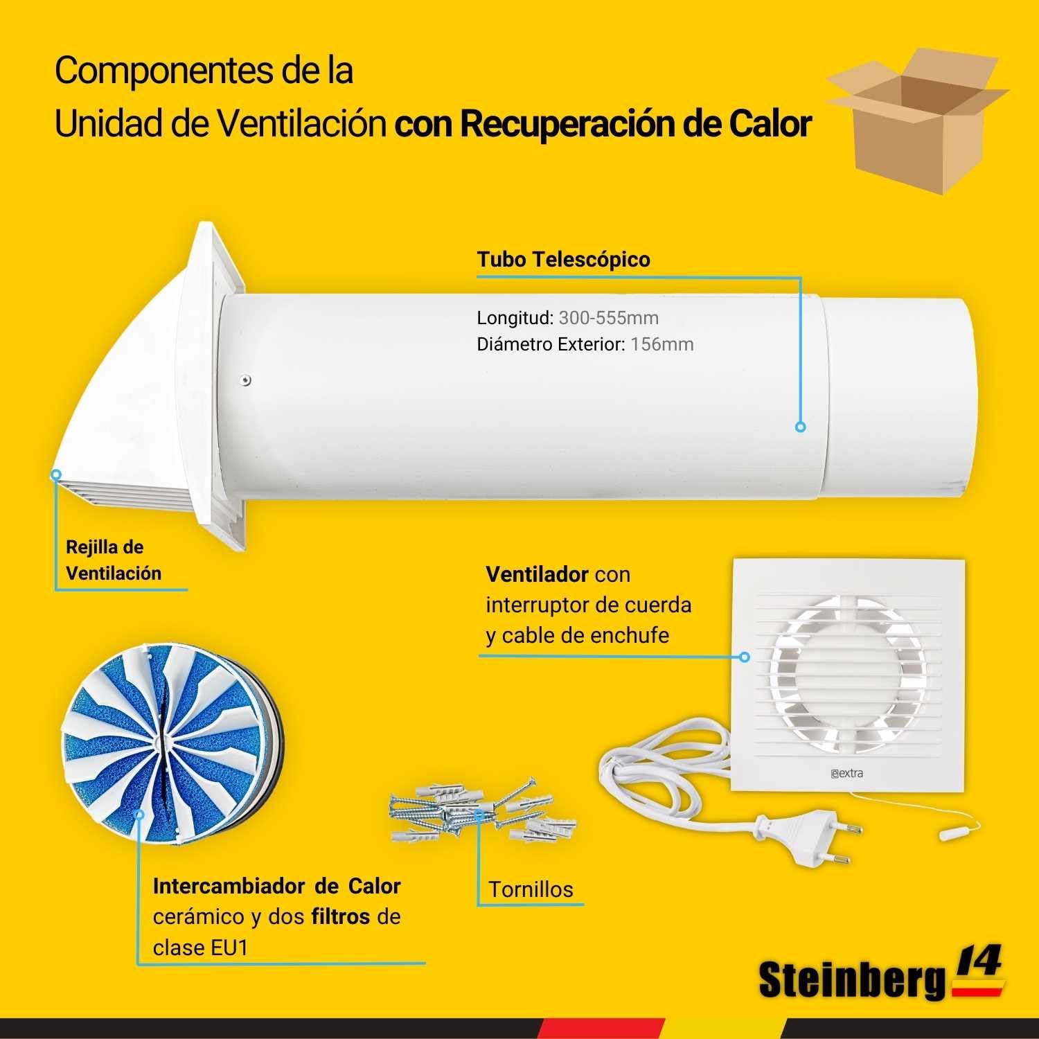 Steinberg14 Unidad de VMC Descentralizada 100 mm - Blanco Recuperador de Calor con Interruptor de Cuerda y Cable - VMC Recuperación de Calor de Doble Flujo - Sistemas de Ventilación de Pared