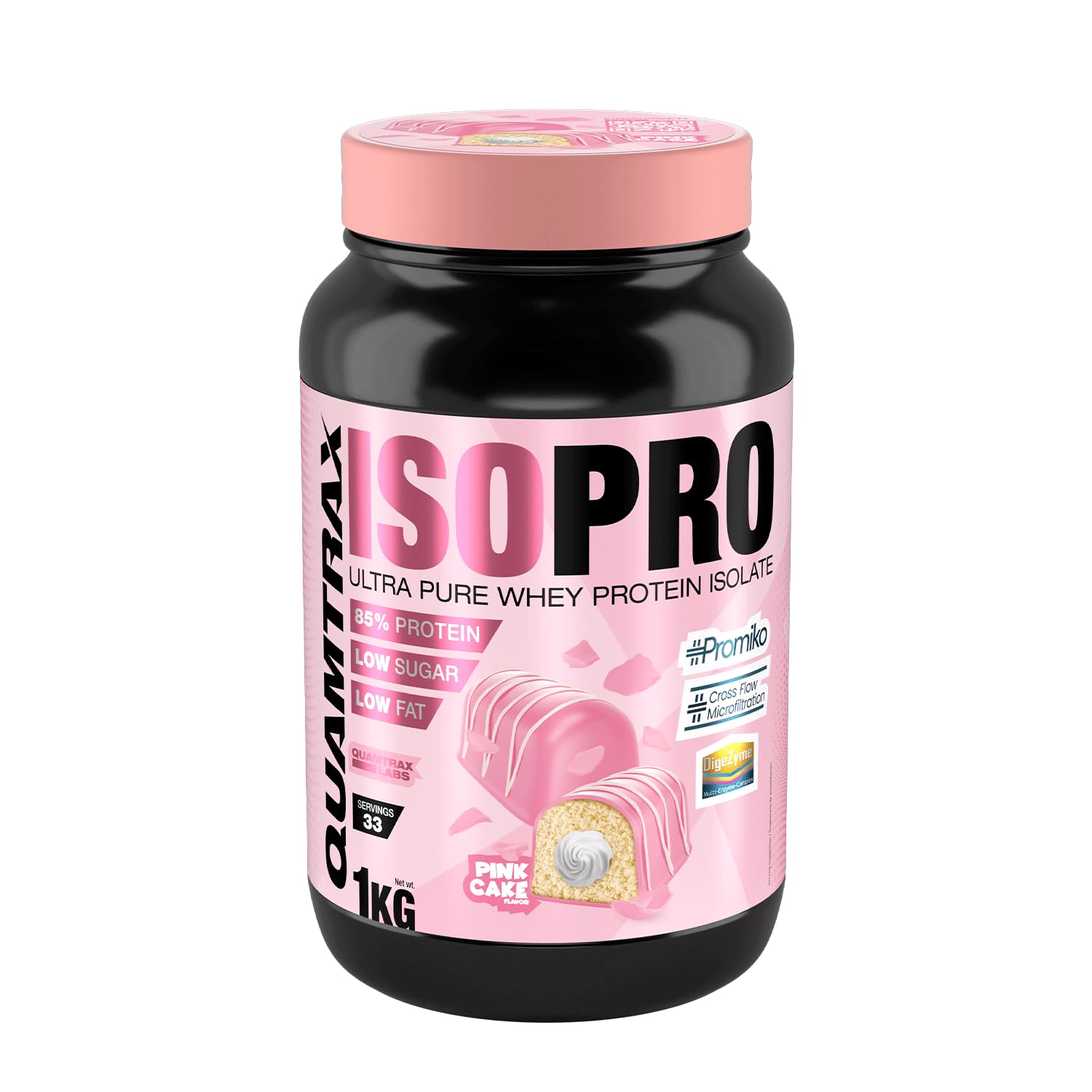 Quamtrax Nutrition - Isopro CFM (Aislado de Proteínas de Suero de Leche) - 1 kg - Sabor Pink Cake - Alto contenido proteico, rápida absorción y bajo en grasas
