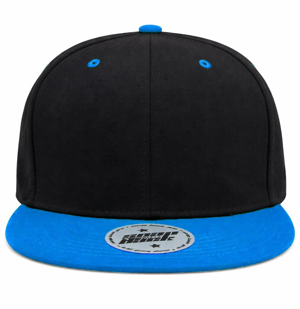 Flat Brim Snapback Cap – Adjustable Unisex Baseball Hat, Classic Streetwear Hip Hop Style (Black-Cyan)