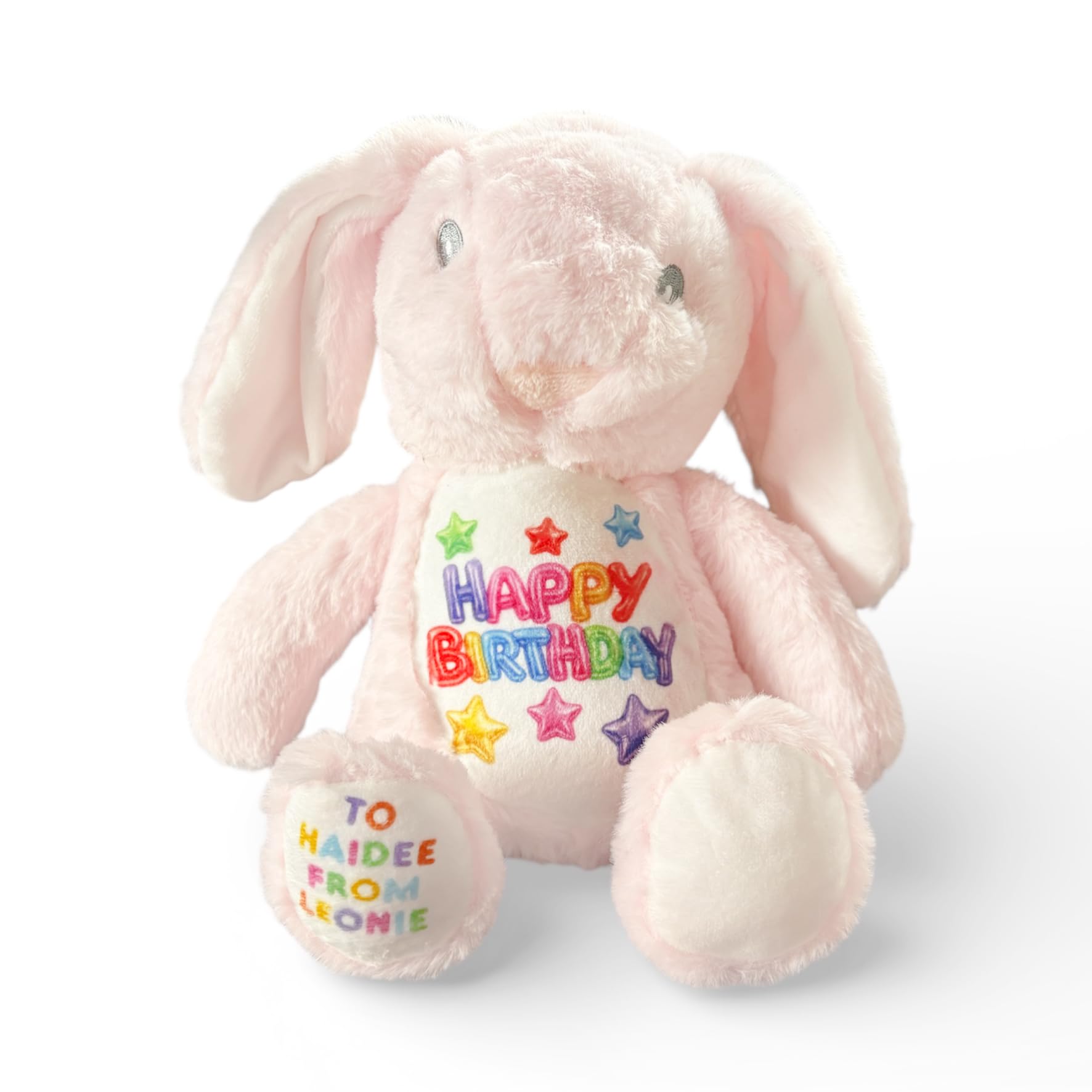 Silly Dog Designs - Birthday Bunny Plush - Personalised or Standard Soft Toy - “Happy Birthday” Teddy Gift for Kids - Custom Name Option - 4 Colours Blue Pink White Brown (Pink Bunny – Personalised)