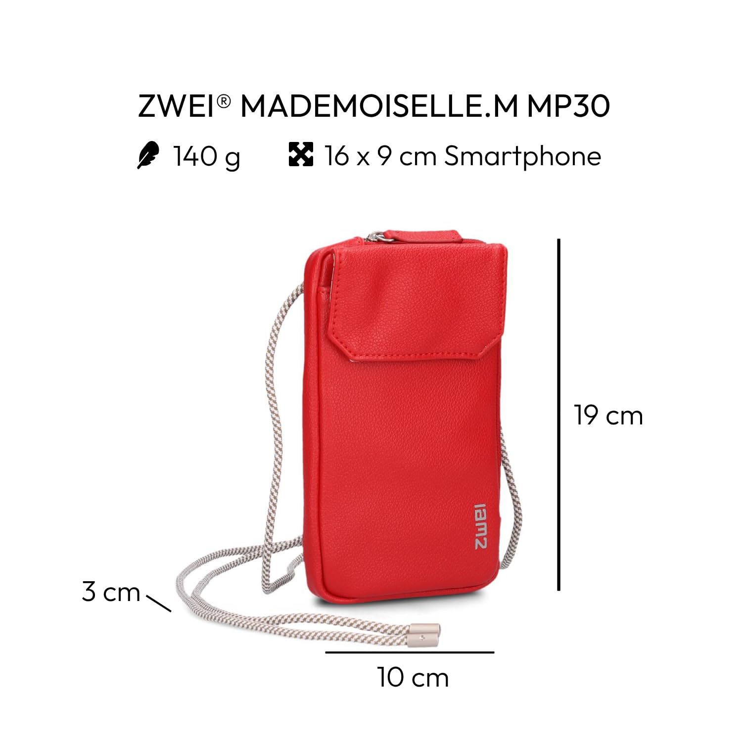 Zwei Pokrowiec na telefon komórkowy do zawieszenia MP30, etui na smartfon, 19 x 10 cm, kieszeń na monety + 4 przegródki na karty, zamek błyskawiczny na całym obwodzie, pasek z regulacją długości,