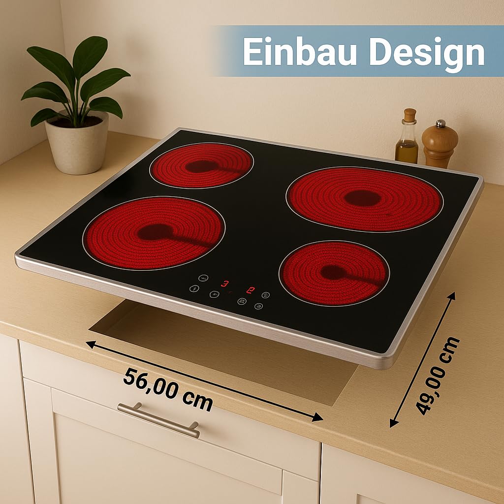 PKM EB-C4-2KBTCG Piano cottura in vetroceramica | Telaio in acciaio inox | 60 cm | 4 piani cottura | 9 livelli di riscaldamento per zona di cottura | Touch Control | Timer | 6600 Watt