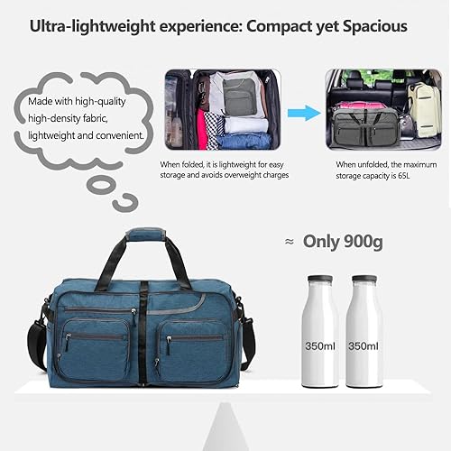 Miniatura 5 de Bolsa de viaje plegable de 65 litros con compartimento para zapatos y bolsillo húmedo, impermeable y resistente a desgarros, A4-azul oscuro