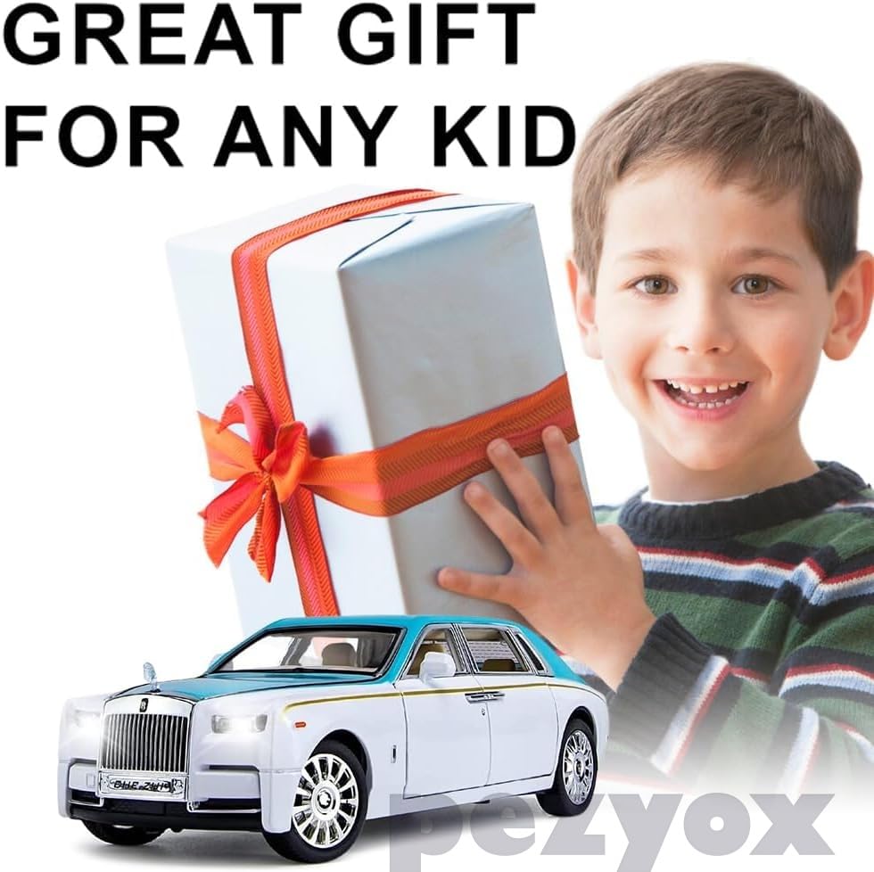 Image of 1 /24 Rolls-Royce Phantom Model Car,Zinc Alloy Pull Back Toy car with Sound and Light for Kids Boy Girl Gift. (Blue-White)