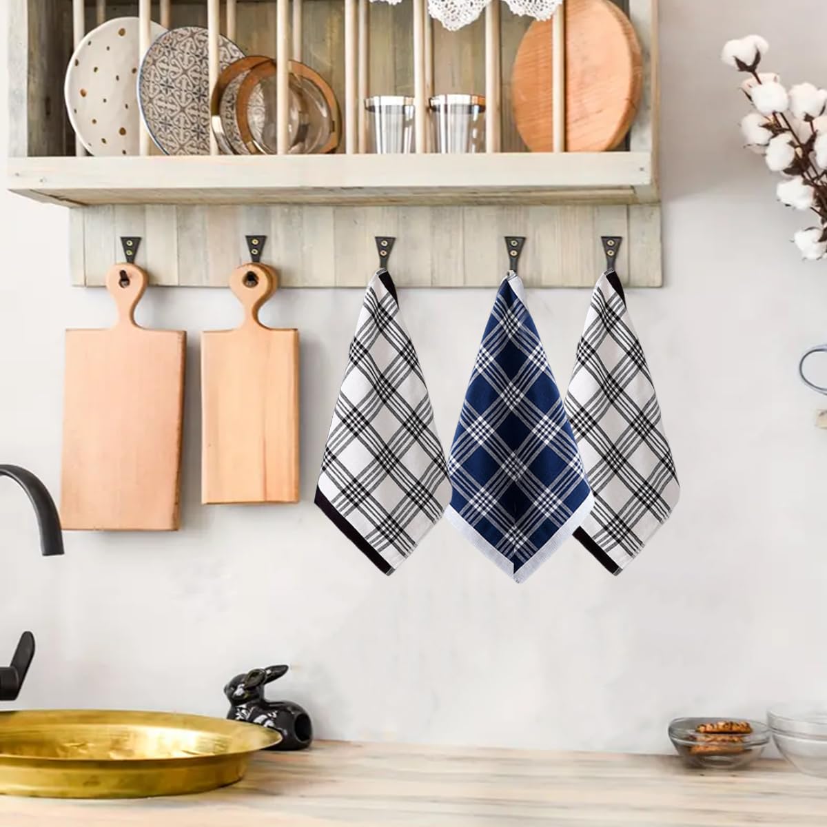 Paños de Cocina Algodón 34 x 34 cm Trapos Cocina 100% Algodon Juego de 6 Kitchen Towels Súper Absorbentes Trapos Azules a Cuadros Textiles de Cocina para Secar
