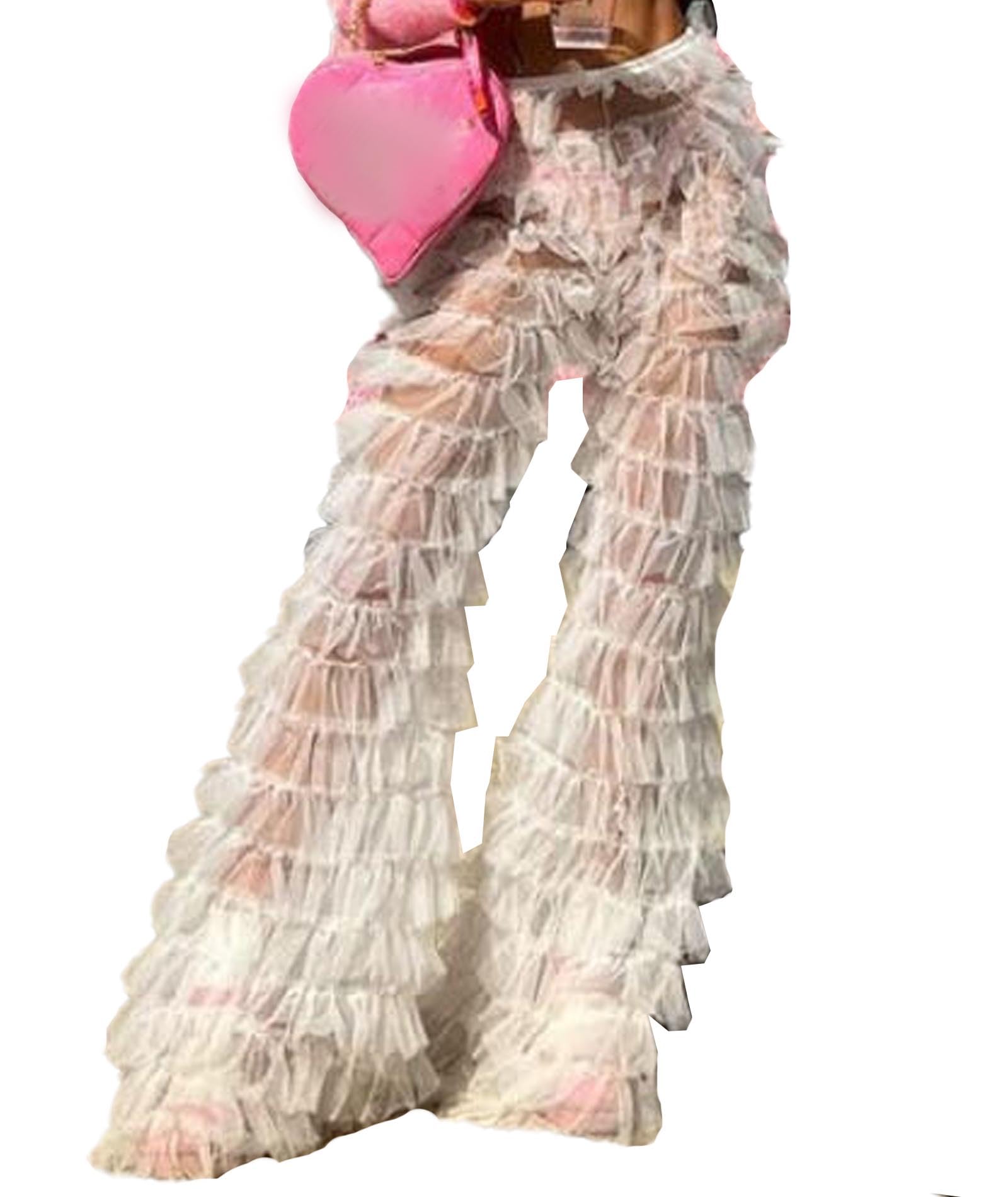 xxxiticat Womens Tulle Sheer Mesh Trouser High Waist See Through Tiered Ruffled Beach Cover Up Party Tulle Wide