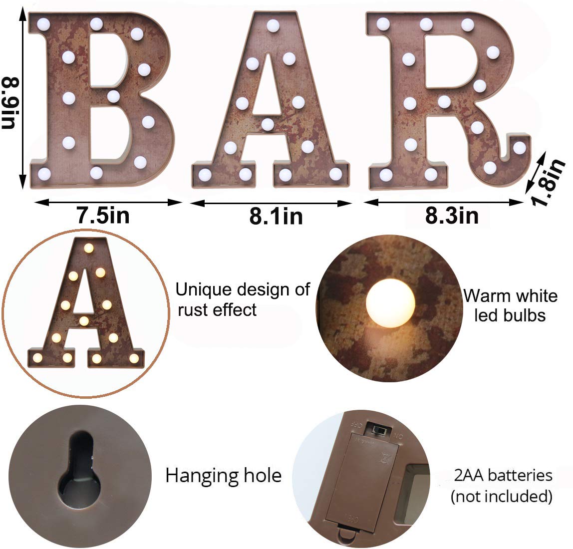 Bar Light Up Sign, Illuminated Bar Signs Industrial Style for Bar Cart